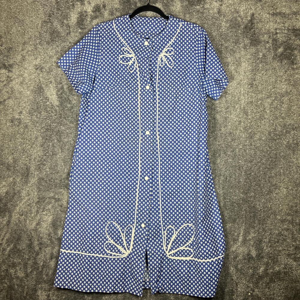 Sears Dress Womens 18 Blue Shirt Dress Knee Length Floral Rayon Cotton Vintage